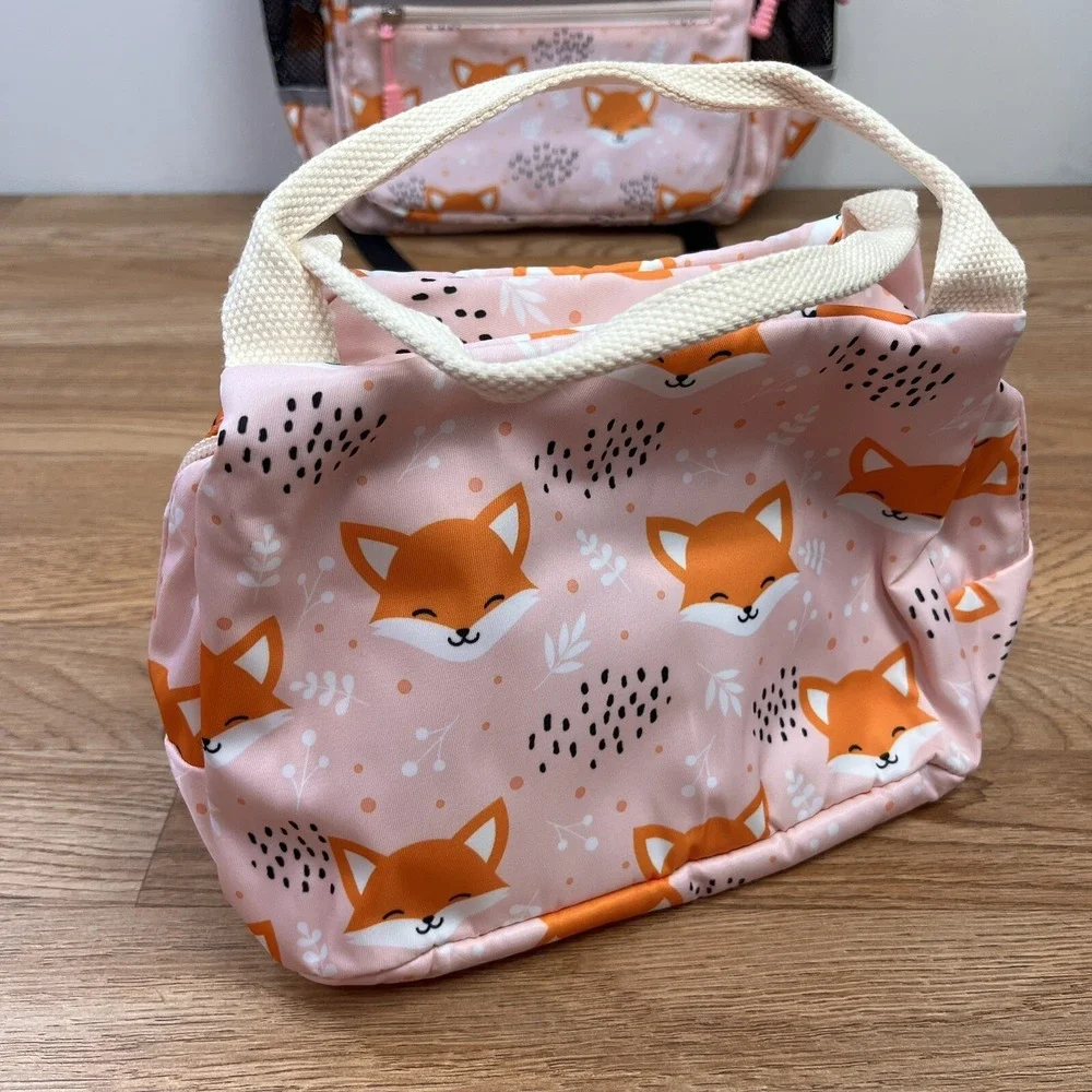 Girls Fox Pink Backpack‎ with Insulated Lunch Bag & Pencil Bag, Reflective NEW